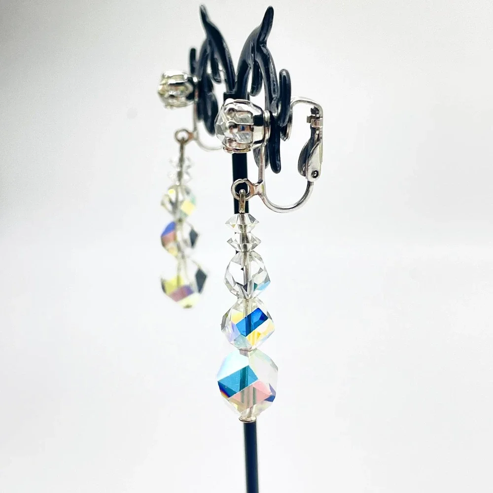 Vintage Dangle Earrings AB Aurora Borealis Clip On Silver Tone Faceted Beads